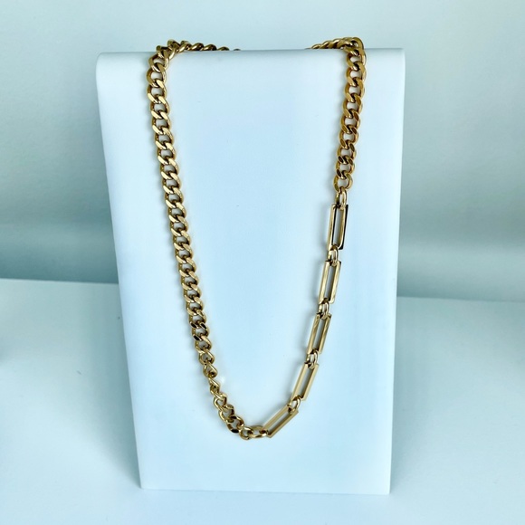 18k Plated Gold Mixed Wide Curb Paperclip Rectangle Chain Necklace - Picture 9 of 10